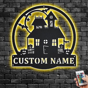 Custom Haunted House Metal Wall Art With LED Light, Personalized Halloween House Name Sign Decoration For Room, Halloween Metal LED Decor