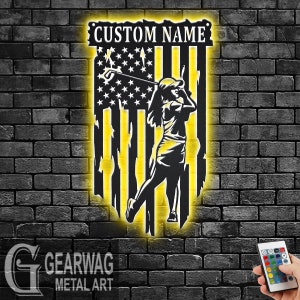 Custom US Golf Metal Wall Art With LED Light, Personalized Golf Player Name Sign Decoration For Room, Golfing Metal LED Decor, Custom Golfer