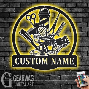 Custom Barbershop Metal Wall Art With LED Light, Personalized Barbershop Name Sign Decoration For Room, Barbershop Metal LED Decor