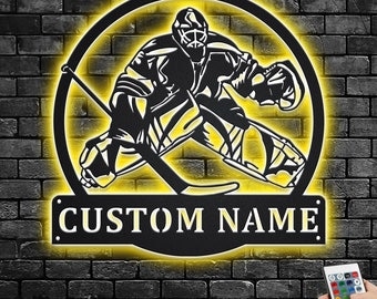 Custom Hockey Goalie Metal Wall Art With LED Light, Personalized Hockey Goalie Name Sign Decoration For Room, Hockey Goalie Metal Home Decor