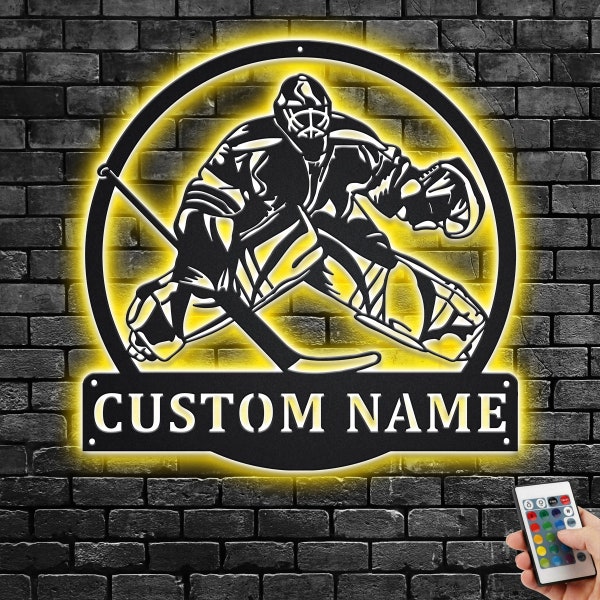 Custom Hockey Goalie Metal Wall Art With LED Light, Personalized Hockey Goalie Name Sign Decoration For Room, Hockey Goalie Metal Home Decor