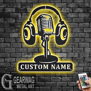 Custom Music Audio Studio Metal Wall Art LED Light, Personalized Microphone Headphones Name Sign, Home Decor Musical Musician Room