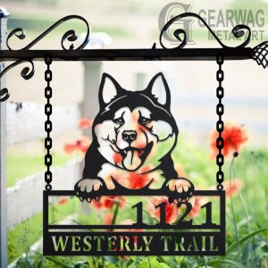 Personalized Akita Inu Dog Metal Address Sign House Number Hanging Address Plaque Yard Sign, Outdoor Sign Garden Stake, Address Name Sign