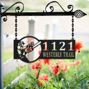 Personalized Arborist Metal Address Sign: Hanging House Number Plaque