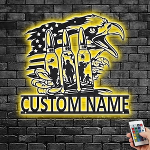 Custom US Eagle Bullet Soldier Metal Wall Art With LED Light, Personalized Soldier Name Sign Decoration For Room, Soldier Metal LED Decor