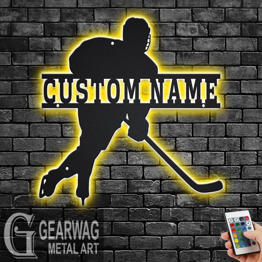 Custom Hockey Metal Wall Art With LED Light, Personalized Hockey Player