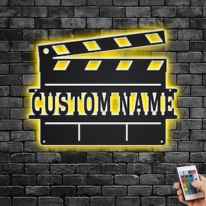 Custom Clapperboard Metal Wall Art With LED Light, Personalized Movie Director Name Sign Decoration For Room, Clapperboard Metal LED Decor