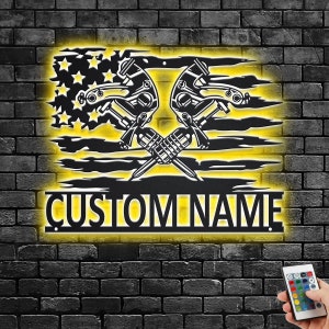 Custom US Tattoo Machine Metal Wall Art With LED Light, Personalized Tattoo Artist Name Sign Decoration For Room, Tattoo Machine LED Decor