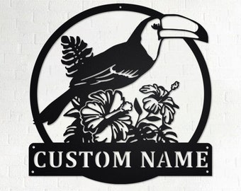 Custom Toucan Floral Metal Wall Art: Personalized Bird Name Sign