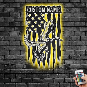 Custom US Flying Duck Metal Wall Art With LED Light, Personalized Duck Name Sign Decoration For Room, Flying Duck Metal LED Decor