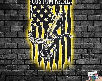 Arte de pared metálico de pato volador personalizado con LED: Letrero con nombre personalizado