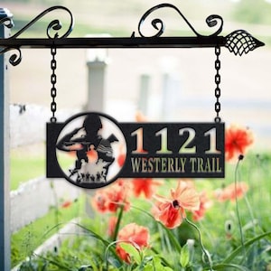Personalized Soldier Metal Address Sign House Number Hanging Address Plaque Yard Sign, Outdoor Sign Garden Stake, Metal Address Sign