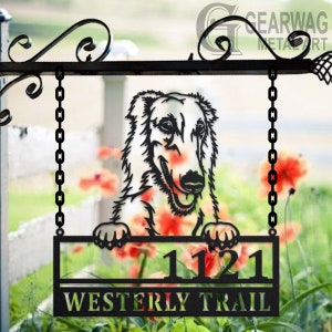 Personalized Borzoi Dog Metal Address Sign House Number Hanging Address Plaque Yard Sign, Outdoor Sign Garden Stake, Address Name Sign