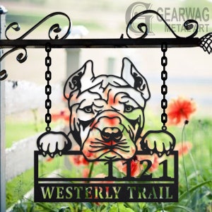 Personalized American Bully Dog Metal Address Sign House Number Hanging Address Plaque Yard Sign, Outdoor Sign Garden Stake, Address Sign