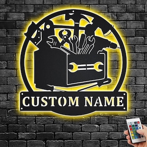 Custom Mechanic Tools Metal Wall Art With LED Light, Personalized Mechanic Garage Name Sign Decoration For Room, Mechanic Metal LED Decor