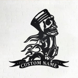 Arte de pared de metal con calavera de pistón personalizado, letrero con nombre de mecánico personalizado para habitación, decoración de metal con calavera de pistón para el hogar, pistón personalizado