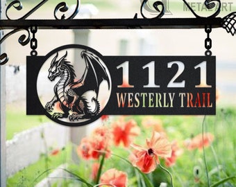 Personalized Magic Dragon Metal Address Sign House Number Hanging Address Plaque Yard Sign, Outdoor Sign Garden Stake, Dragon Address Name