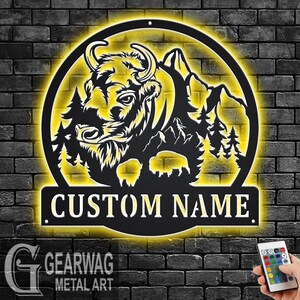 Custom Bison Metal Wall Art With LED Light, Personalized Bison Name Sign Decoration For Room, Bison Metal LED Decor, Custom Bison Name Sign