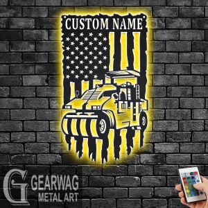 Custom US Road Roller Truck Metal Wall Art LED Light, Personalized Roller Truck Name Sign Decoration For Room, Roller Truck Metal LED Decor