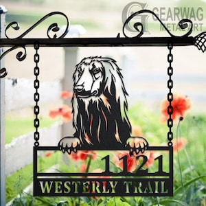 Personalized Afghan Hound Dog Metal Address Sign House Number Hanging Address Plaque Yard Sign, Outdoor Sign Garden Stake, Address Name Sign