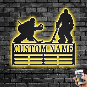 Custom Hockey Goalie Medal Holder LED Light, Personalized Hockey Goalie Player Name Medal Hanger, Hockey Goalie Medal Display Awards Sign