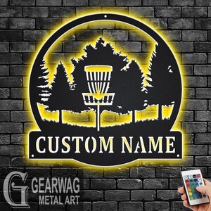 Custom Disc Golf Metal Wall Art With LED Light, Personalized Disc Golf Player Name Sign Decoration For Room, Disc Golf Metal LED Decor