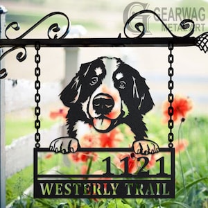 Personalized Bernese Mountain Dog Metal Address Sign House Number Hanging Address Plaque Yard Sign, Outdoor Sign Garden Stake, Address Sign