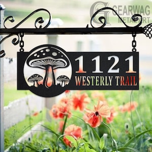 Personalized Mushroom Metal Address Sign House Number Hanging Address Plaque Yard Sign, Outdoor Sign Garden Stake, Address Name Sign