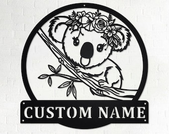 Arte de parede de metal com estampa de coala floral personalizada: placa com nome personalizado