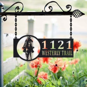 Personalized Cowboy Metal Address Sign House Number Hanging Address Plaque Yard Sign, Outdoor Sign Garden Stake, Metal Address Sign