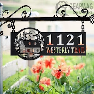 Personalized Wood Cabin Metal Address Sign House Number Hanging Address Plaque Yard Sign, Outdoor Sign Garden Stake, Address Name Metal Sign