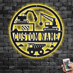 Custom Construction Metal Wall Art With LED Light, Personalized Construction Name Sign Decoration For Room, Construction Metal LED Decor