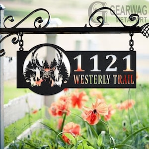 Personalized Deer Hunter Metal Address Sign House Number Hanging Address Plaque Yard Sign, Outdoor Sign Garden Stake, Custom Address Sign