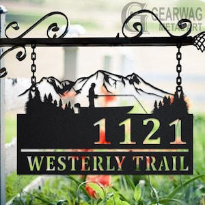 Personalized Boat Fishing Metal Address Sign House Number Hanging Address Plaque Yard Sign, Outdoor Sign Garden Stake, Custom Address Sign
