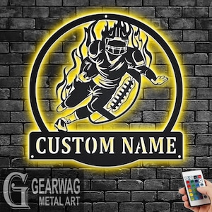 Custom Football Metal Wall Art With LED Light V3, Personalized Football Player Name Sign Decoration For Room, Football Metal LED Decor