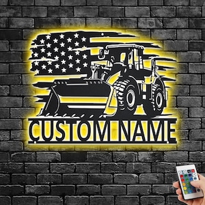 Custom US Bulldozer Metal Wall Art With LED Light, Personalized Bulldozer Name Sign Decoration For Room, Bulldozer Metal LED Decor,Bulldozer