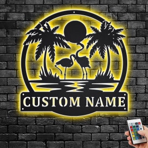 Custom Sunset Flamingo Metal Wall Art With LED Light, Personalized Flamingo Name Sign Decoration For Room, Flamingo Home Decor, Flamingo