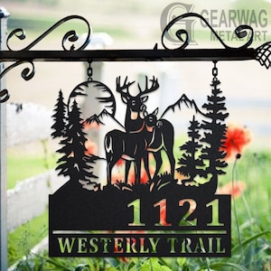 Custom Couple Deer Mountains Metal Address Sign House number Hanging Address Plaque Yard Sign, Outdoor Sign Garden Stake,Custom Address Sign