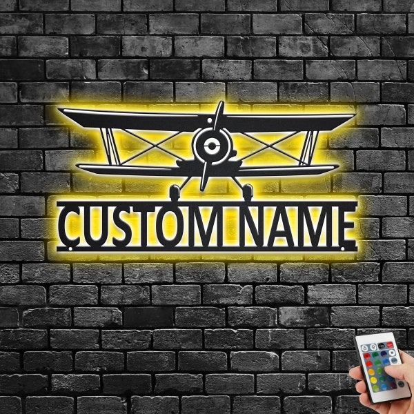 Custom Biplane Metal Wall Art With LED Light, Personalized Biplane Pilot Name Sign Decoration For Room, Biplane Metal LED Decor, Biplane