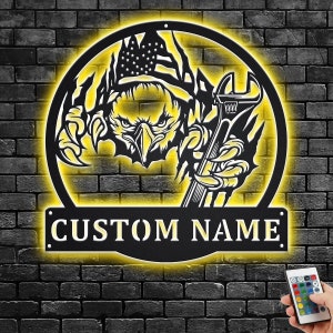 Custom US Eagle Mechanic Metal Wall Art With LED Light, Personalized Mechanic Garage Name Sign Decoration For Room, Mechanic Metal LED Decor