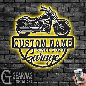 Personalized Motorcycle Garage Name Metal Sign With LED Light, Custom Biker Name Laser Cut Metal Wall Art Plaque Home Decor For Your Garage