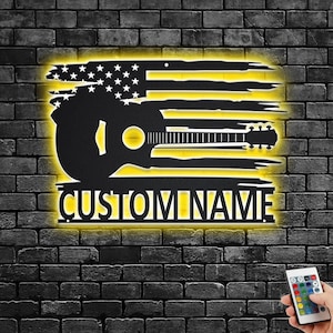 Custom US Acoustic Guitar Metal Wall Art With LED Light, Personalized Guitarist Name Sign Decoration For Room, Acoustic Guitar LED Decor