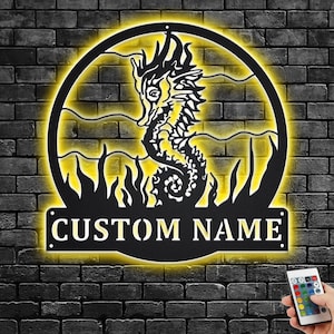Benutzerdefinierte Seepferd Metallwandkunst mit LED-Licht, personalisierte Seepferdchen Name Zeichen Dekoration für Zimmer, Seepferdchen Metall Wohnkultur, benutzerdefinierte Seepferdchen