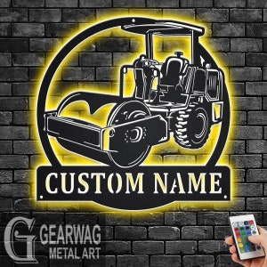 Custom Road Roller Truck Metal Wall Art With LED Light, Personalized Roller Truck Name Sign Decoration For Room,Roller Truck Metal LED Decor