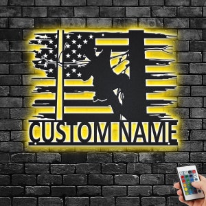 Custom US Lineman Metal Wall Art With LED Light, Personalized Lineman Name Sign Decoration For Room, Lineman Metal LED Decor,Custom Lineman