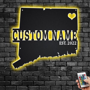 Custom Connecticut Map Metal Wall Art With Led Light, Personalized Connecticut Name Sign Decoration For Room, Born In Connecticut LED Decor