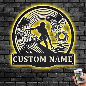 Custom Surfer Metal Wall Art with LED Lights: Personalized Name Sign