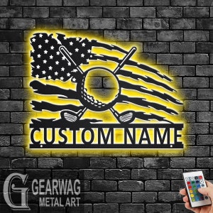 Custom US Golf Metal Wall Art With LED Light, Personalized Golf Player Name Sign Decoration For Room, Golfing Metal LED Decor, Custom Golfer
