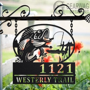 Personalized Fisher Metal Address Sign House Number Hanging Address Plaque Yard Sign, Outdoor Sign Garden Stake, Custom Address Sign