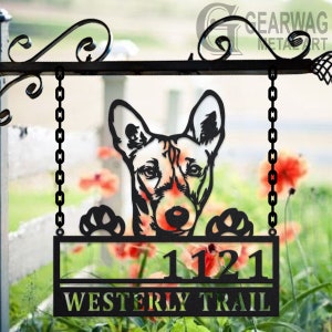 Personalized Basenji Dog Metal Address Sign House Number Hanging Address Plaque Yard Sign, Outdoor Sign Garden Stake, Dog Name Address Sign
